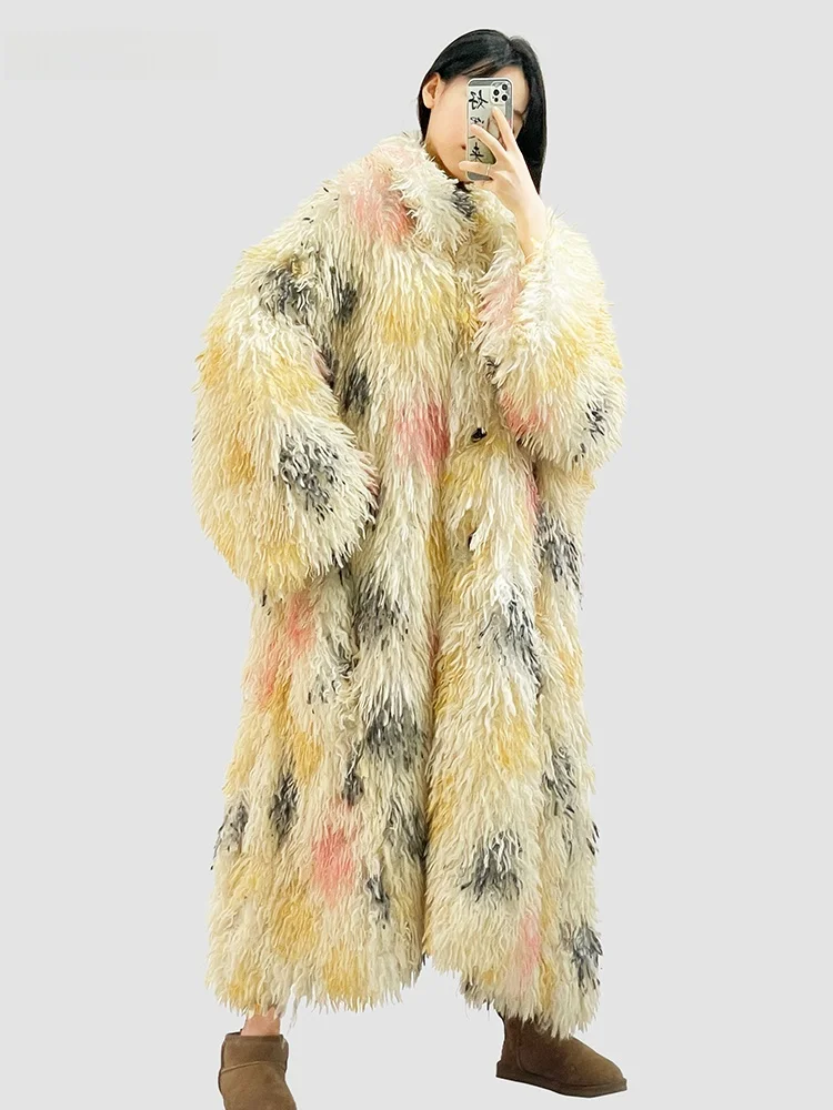 Nerazzurri Fashion  Print Eco-Friendly Fur Coat Women Winter Oversize Loose Fluffy Coat Korean Style Long Sleeve