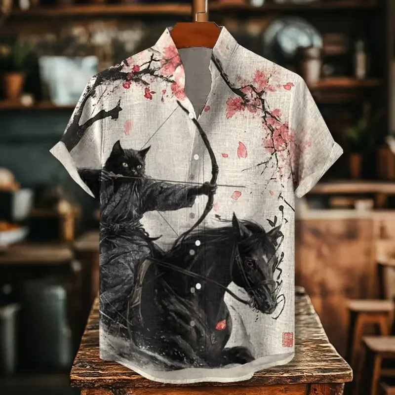 New retro contrasting style linen short sleeved shirt men's colorful patchwork striped printed casual top