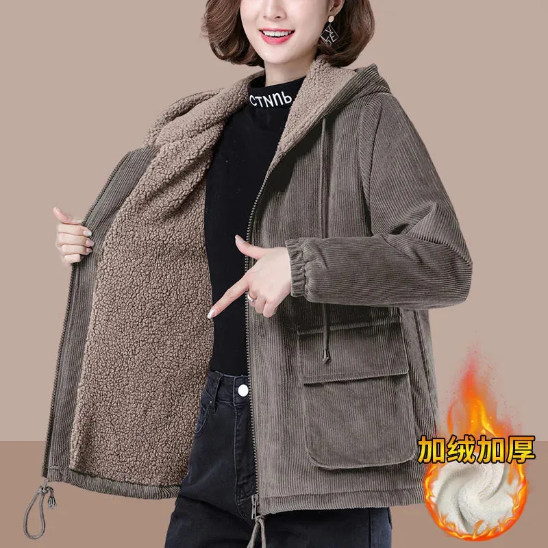 Fashion Corduroy Plus Velvet Hooded Coat Women\'s Short Thick Warm Autumn Winter Pocket Outwear 2022 New Loose Ladies Jackets