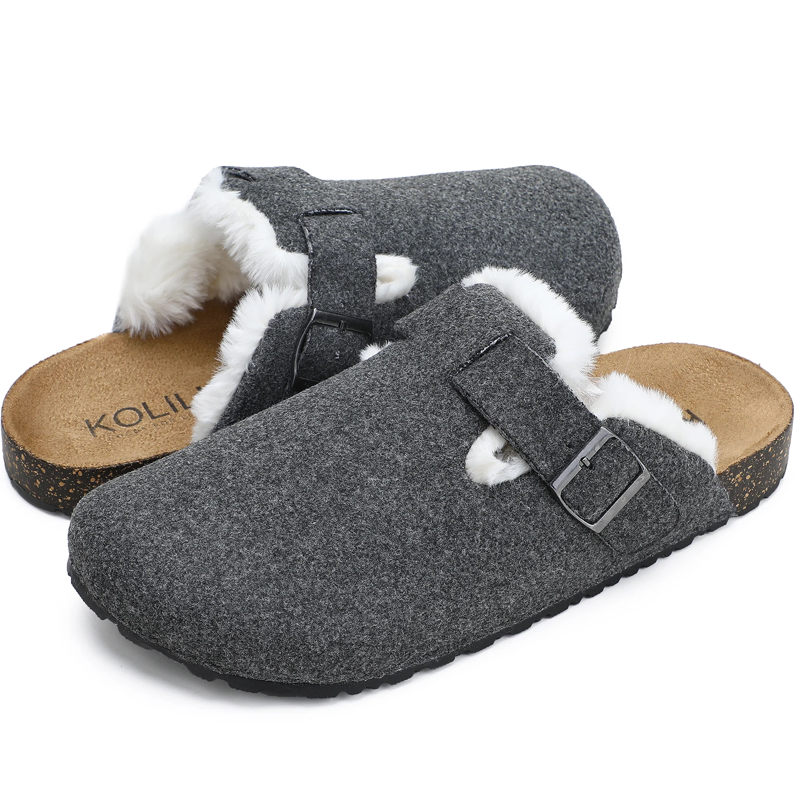 Women Cork Clogs for Women, Indoor Outdoor Fuzzy Slipper Warm Shoes, Cozy Mules & Clogs with Buckled Felt