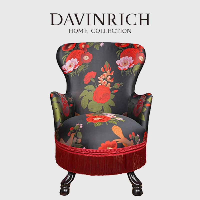 DAVINRICH Victorian Style Single Sofa Chair Luxury Satin French Retro Floral Bird Art Upholstered Loveseat Armchair Hand Crafted