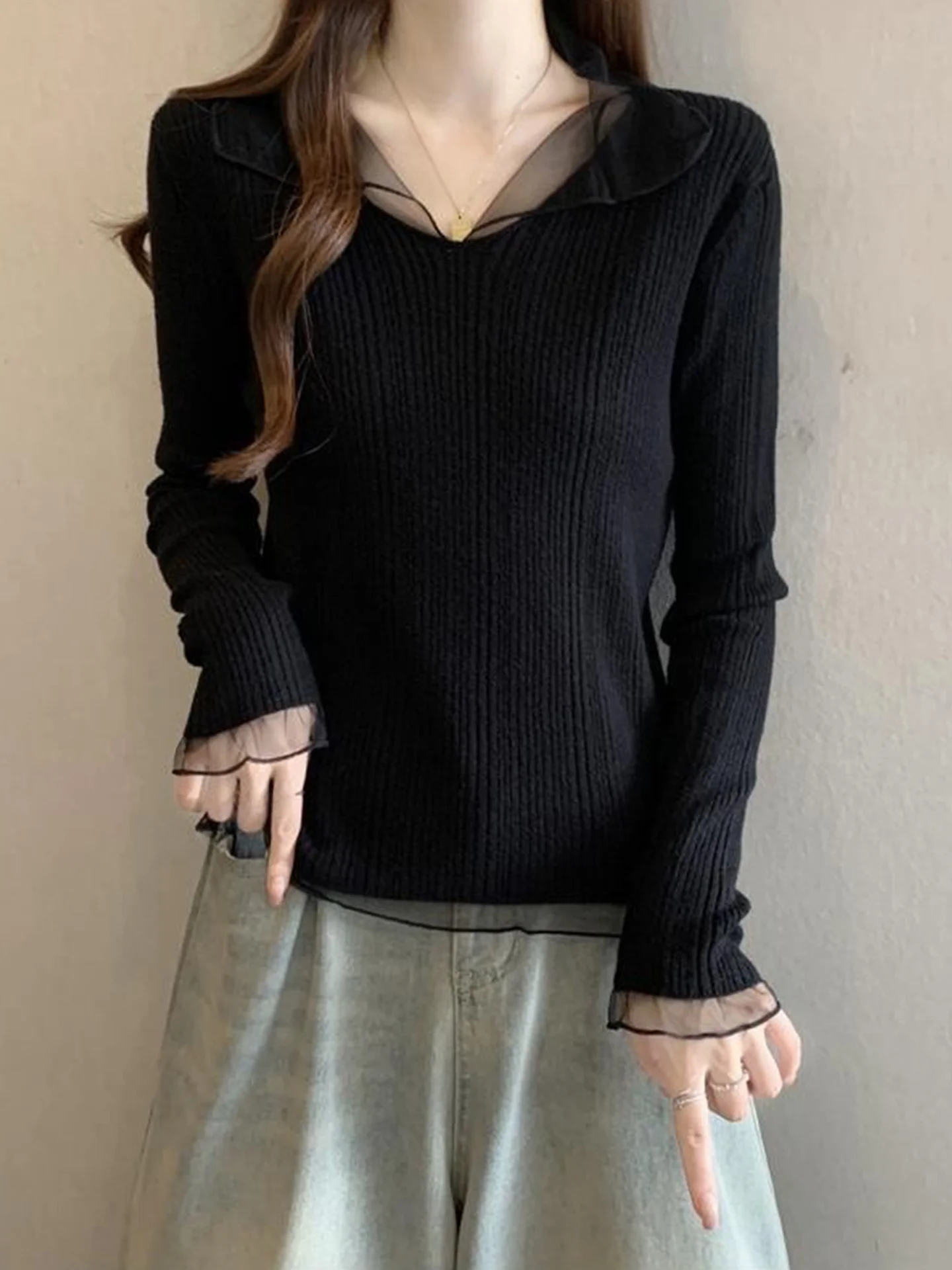 

Корейский вязаный свитер с длинными рукавами, кружевными вставками и V-образным вырезом, женский, осенне-зимний, больших размеров, утягивающий, базовый топ для ношения под одеждой