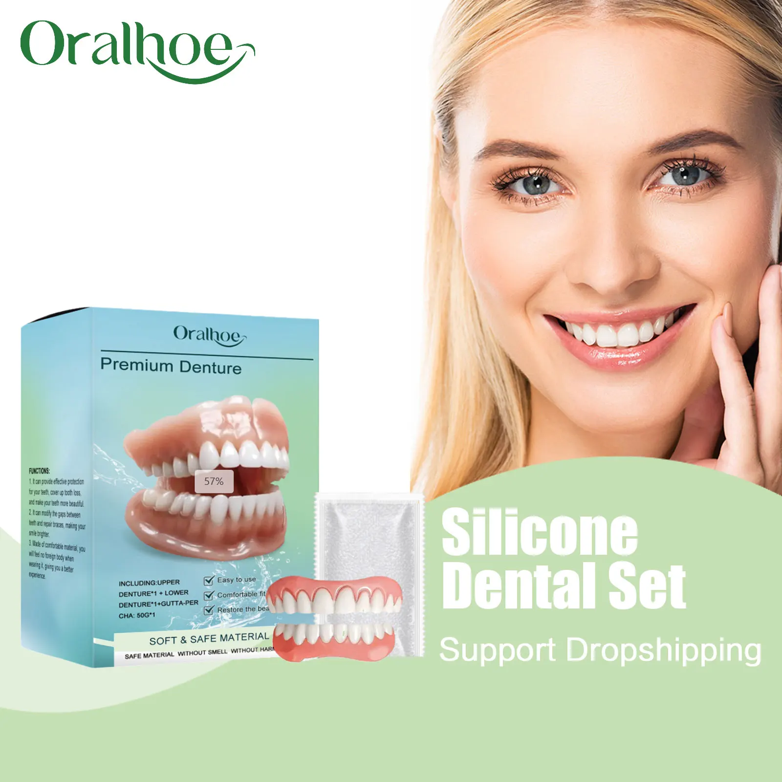 Silicone Denture Set Temporary Orthodontic False Teeth Veneers Improve Broken Tooth Easy Use Upper and Lower Dentures for Eating