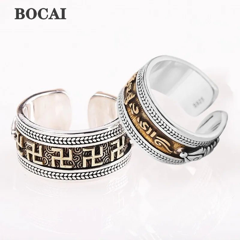 BOCAI Real S925 Silver Retro Ethnic Style Six-Character Mantra Vajra Lucky Man Ring Trendy Birthday Gift