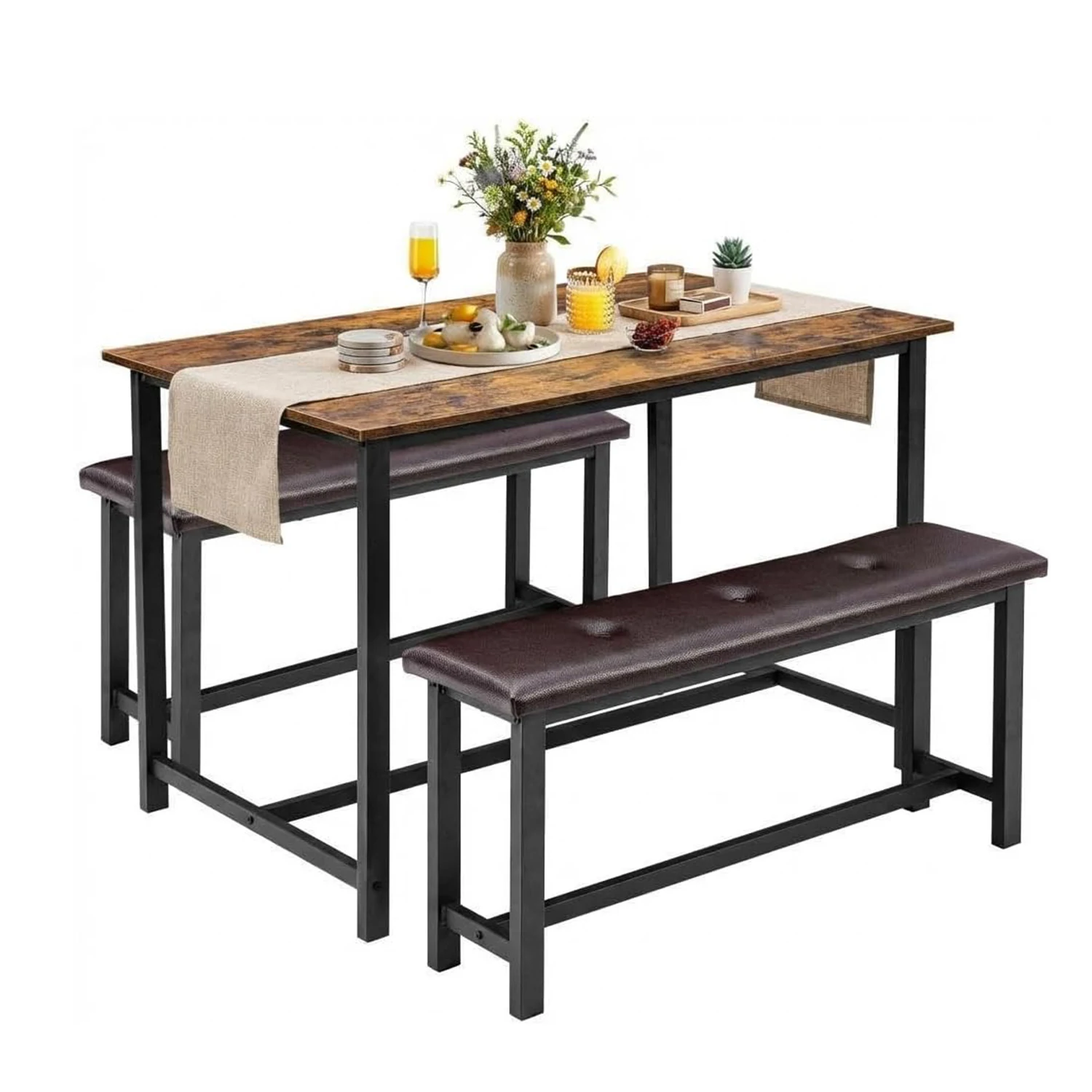 

4-Person Kitchen Table Set with 2 Upholstered Benches Easy-Clean MDF Top & Steel Frame Compact Dining Room Set for Home Decor