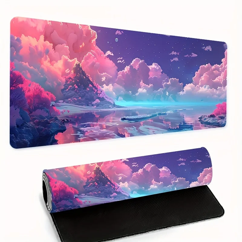 A fantasy landscape pattern mouse pad with durable hemming design and anti-slip rubber bottom, suitable for the office