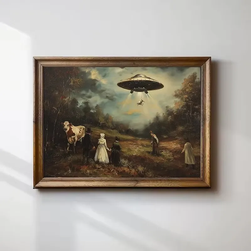 Vintage Surreal Funny Victorian UFO Landscape Cow Alien Wall Art Poster Print Funny Cat Canvas Painting for Farmhouse Home Decor