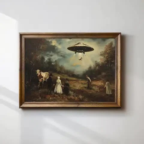 Pôster de Arte de Parede Vintage Surreal e Engraçado com Tema Vitoriano, OVNI, Paisagem, Vaca, Alienígena e Gato Engraçado, Impressão em Tela para Decoração de Casa de Campo