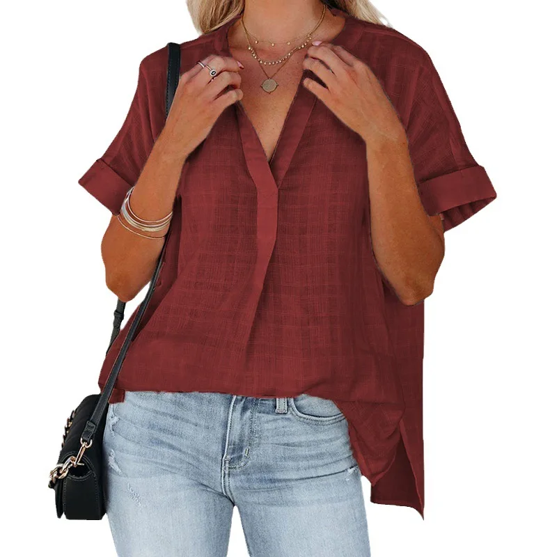 Women's Clothing 2025 Amazon Summer New Short-sleeved Thin V-neck Pullover, Loose Shirt Women's Cw04203