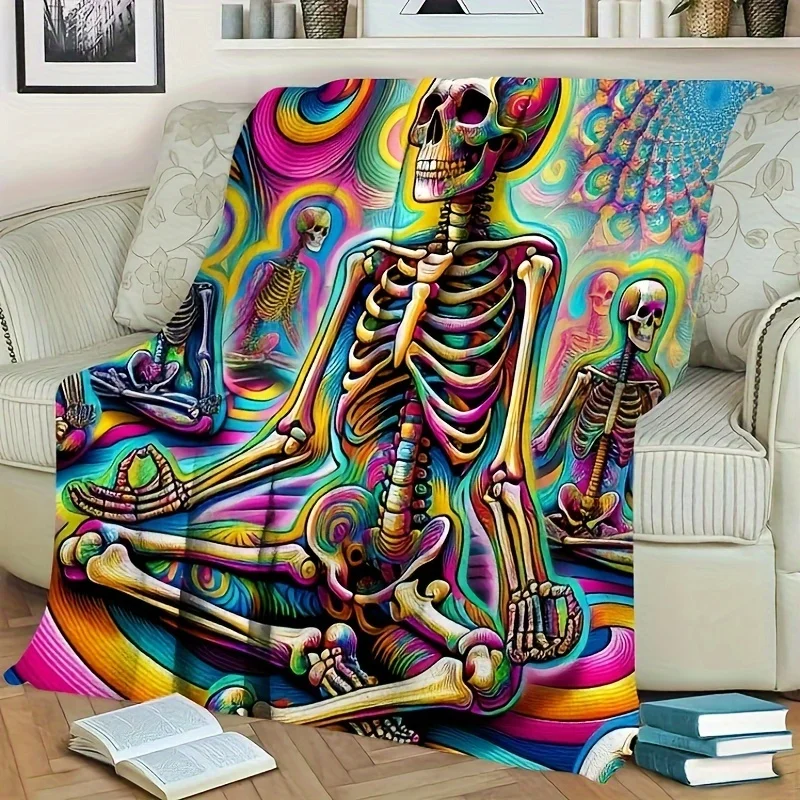 Skull Skeleton Meditation Print Throw Blanket - Gothic Pop Art Motif Soft Lightweight Accent for Sofa Bed Travel Office Gift