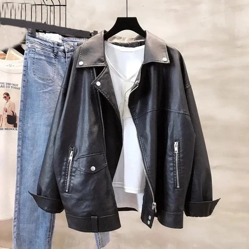 Winter Female Lapel Faux Leather Outwear Autumn Lady Long Sleeves Leather Jacket American Women Patchwork Loose PU Leather Coat