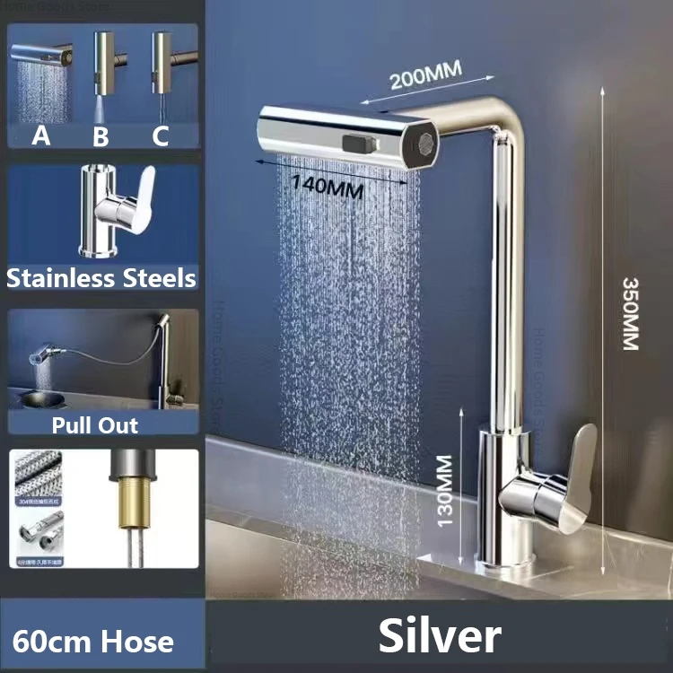 3 Mode Kitchen Faucets Pull Out Rotation Waterfall Stream Sprayer Head Sink Mixer Hot Cold Single Hole Sink Wash Tap