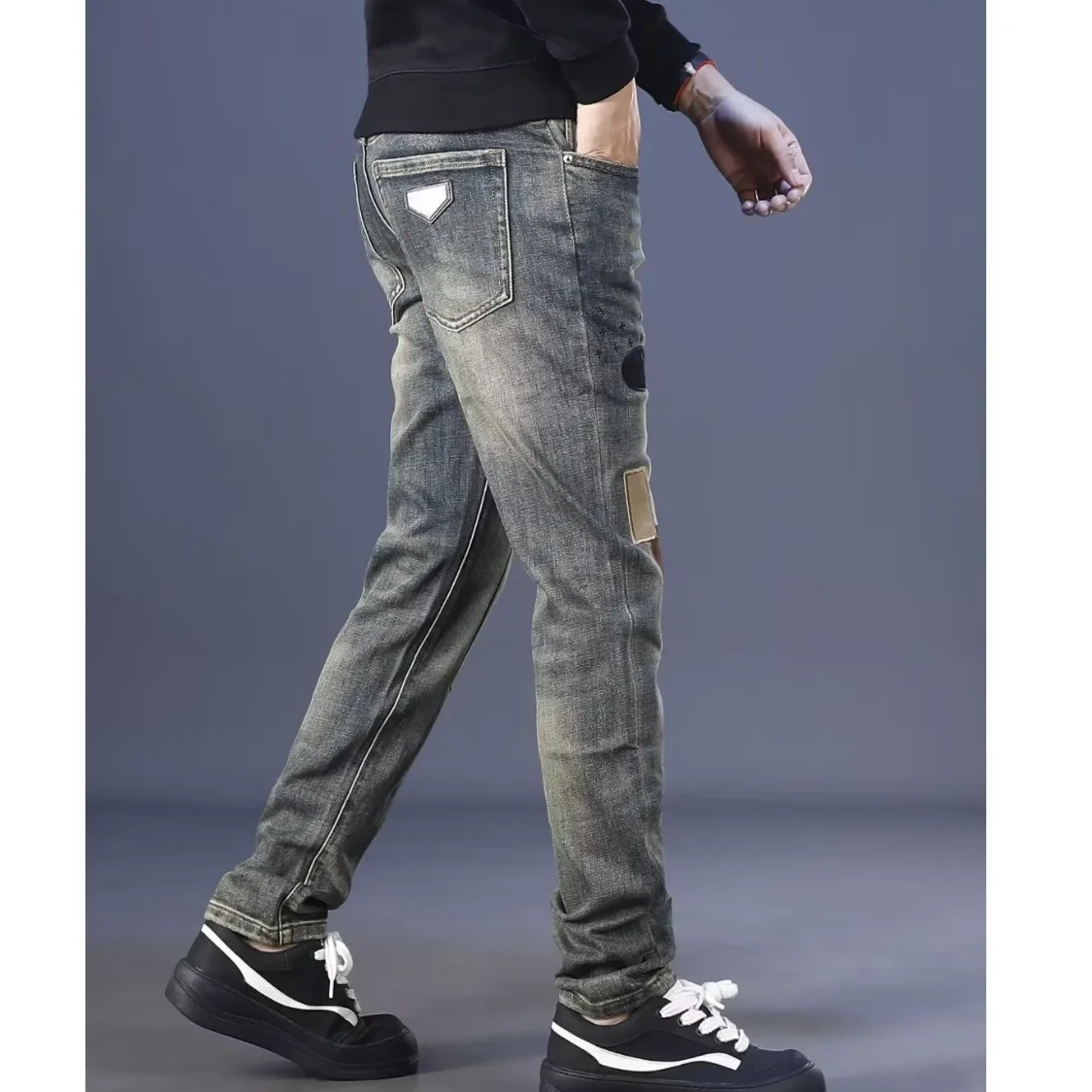 European American New Fashion Men Slim Patched Casual Trendy Simple Basic Daily Embroidered Jeans Male Denim Trousers Clothes