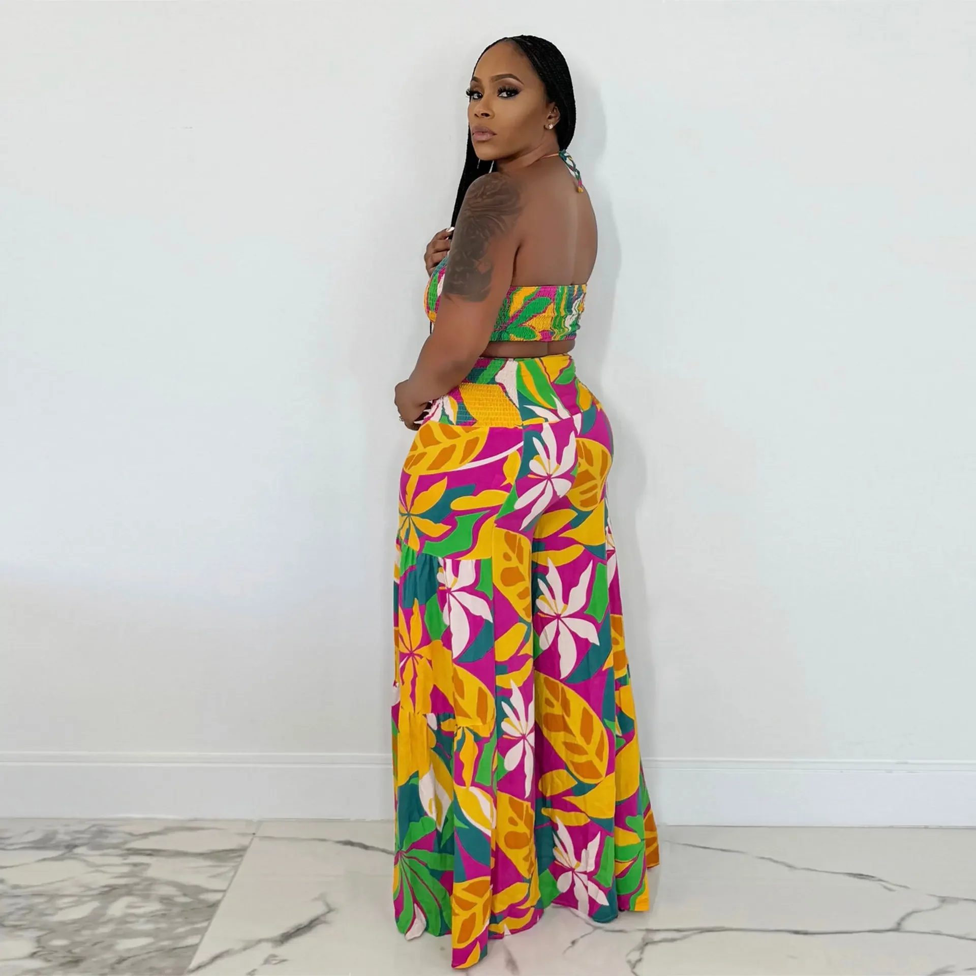 Floral Printed Women's Set Sleeveless Halter Crop Top and Wide Leg Pants 2024 Beach Holiday Two 2 Piece Sets Outfits