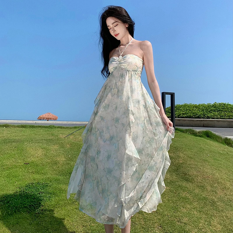 

2023 New Women Ruffle Halter Fairycore Evening Dress Summer Elegant Sweet Slim Floral Party Vacation Long Prom Fashional Dress