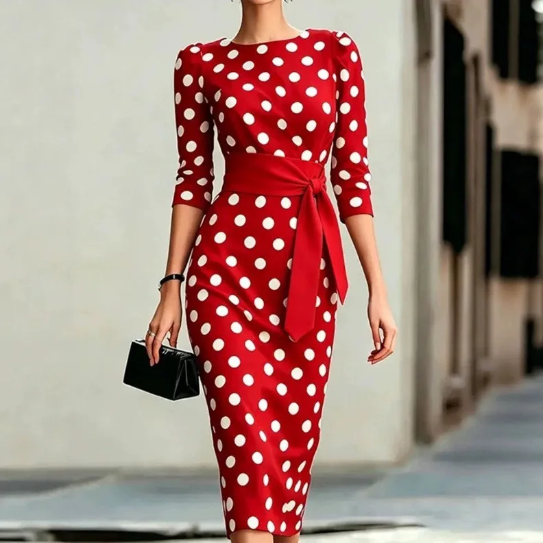 Summer Woman Dress Polka Dot Short Sleeve Dresses Slim Fit Pullover Maxi Dress Red Polka Dot Belted Long Dress Women's Midi - view 3