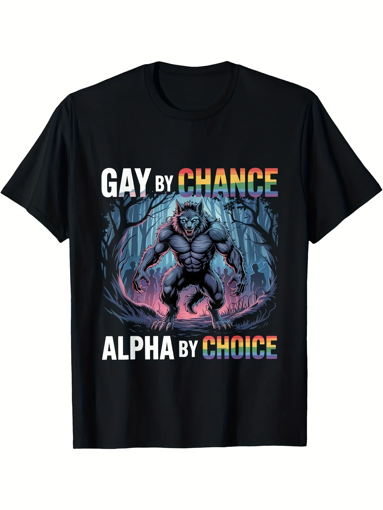 Men'S Short Sleeve T-Shirt Rainbow Alpha Werewolf Forest Graphic Tee Gay By Chance Alpha By Choice Theme Print