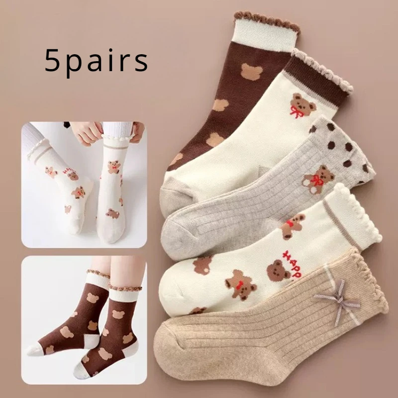 5 Double Spring and Autumn Children Cartoon Print Cute Girl Student Sports Academy Style Comfortable Breathable Mid-tube Socks