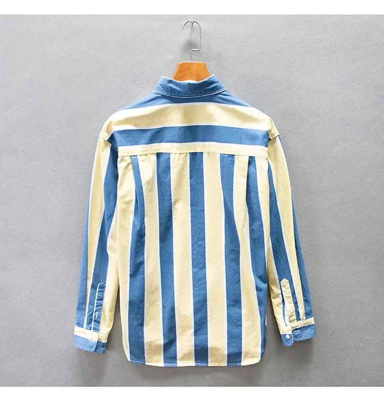 Men Clothing 2023 Autumn Winter New Men\'s Loose Casual Shirts Pockets Blue and Yellow Striped Fashion Cotton Comfortable Tops