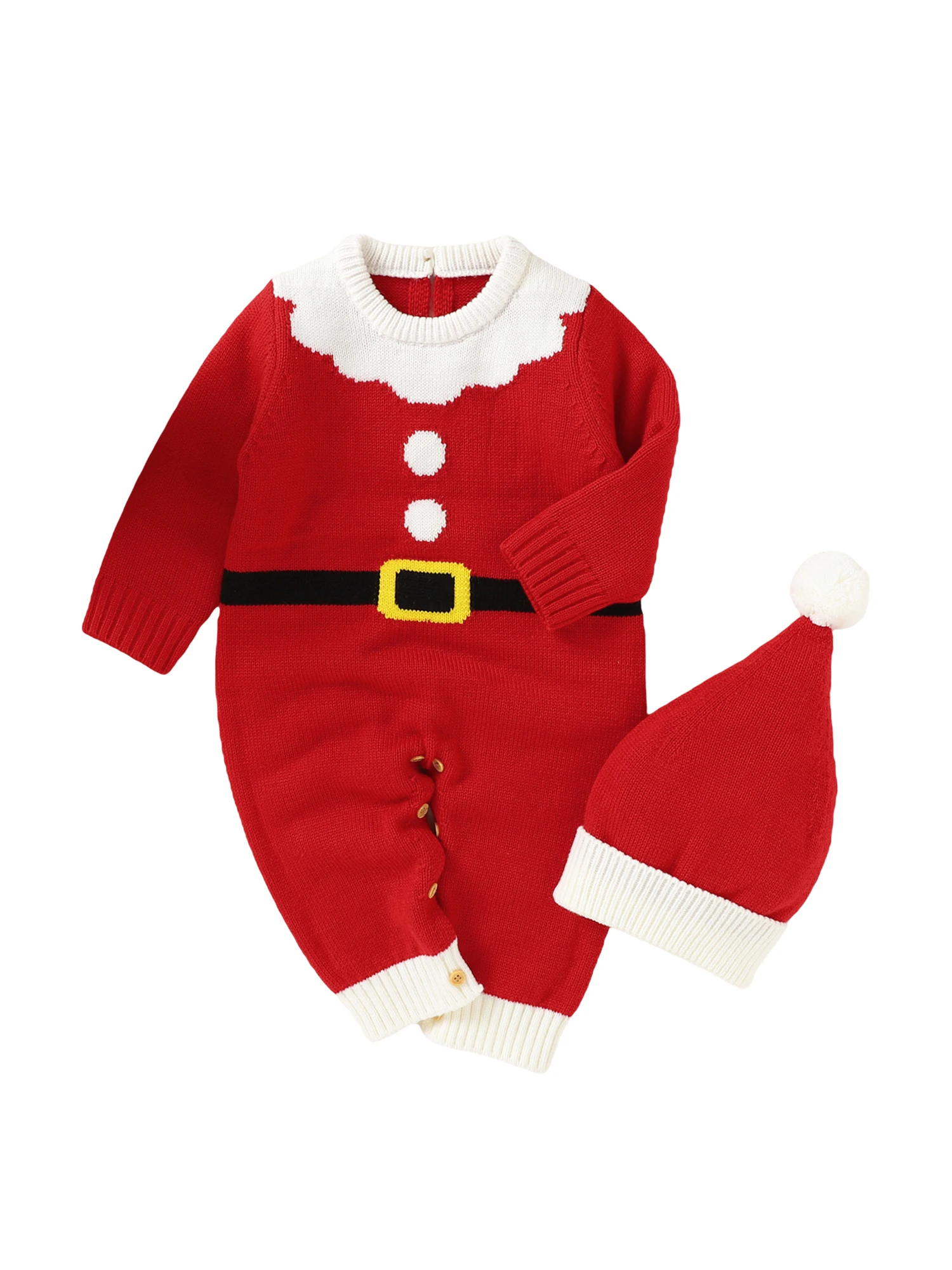 Christmas Baby Romper Adorable Long Sleeve Round Neck Knit Jumpsuit with Back Buttons for Festive Party and Playdates on the