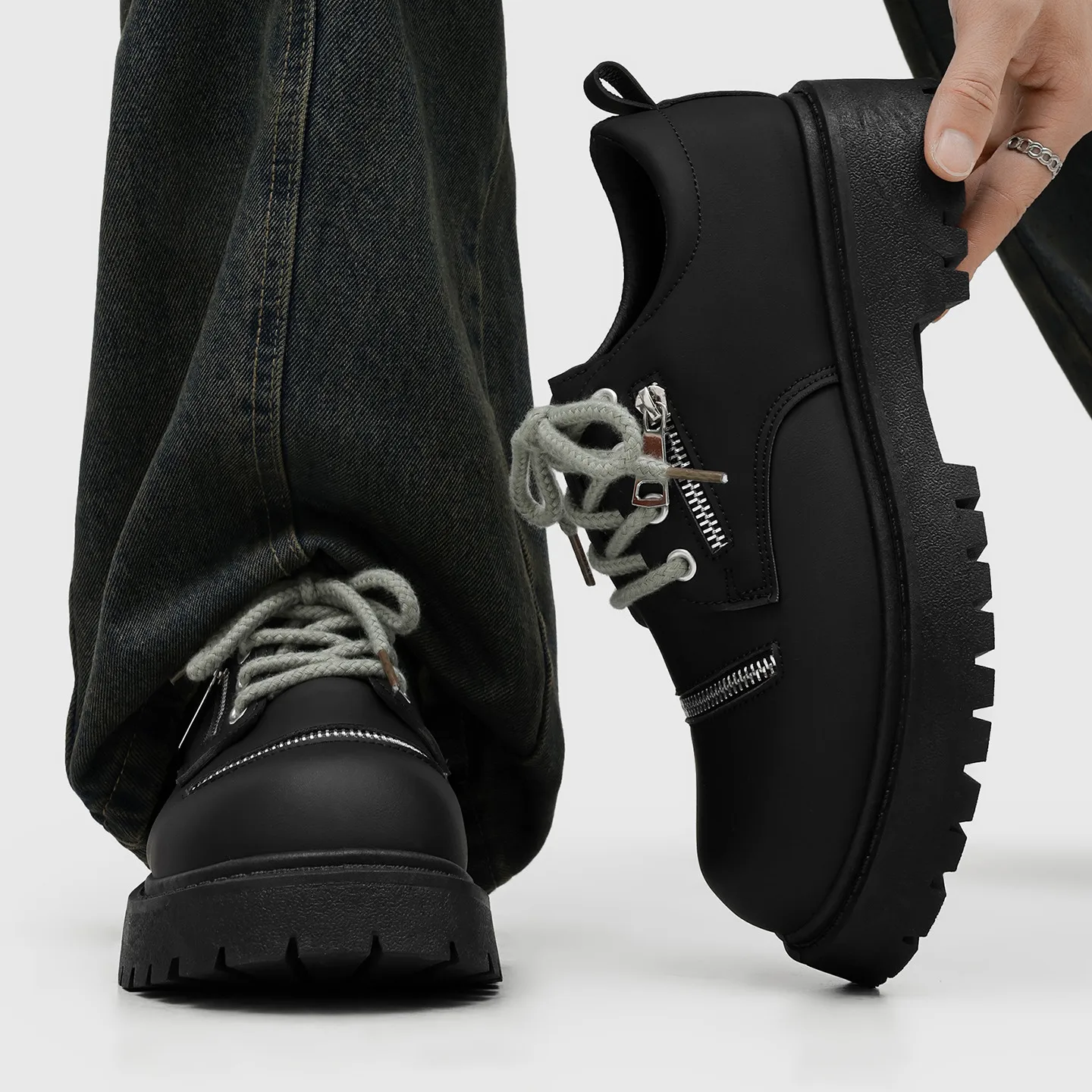 Men's New Black Casual Loafer Leather Shoes, Anti-slip Wear-resistant Low Top Thick Sole Height Increasing Chunky Derby Shoes