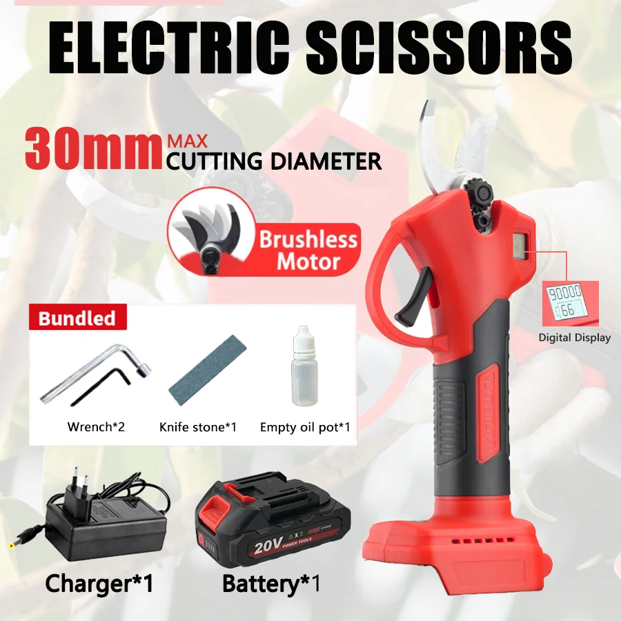 

LYUWO 30MM Cordless Brushless Electric Pruning Shears Fruit Tree Bonsai Pruner Branches Cutter Power Tools For MT 18V Battery