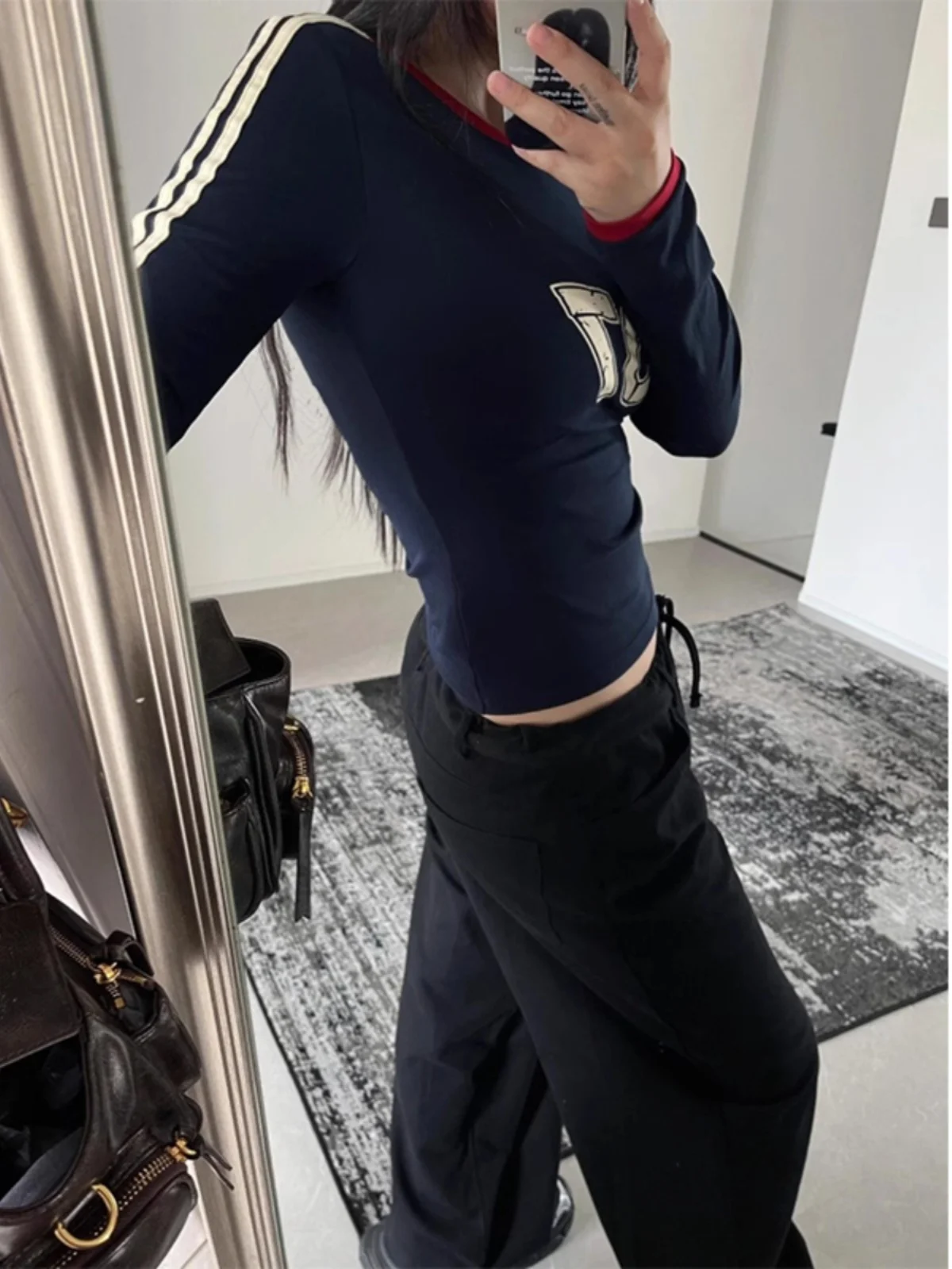 Retro American Blue Long Sve T-irt Women's Slim Fit Double Bar Color Blo Top for Early Autumn Korean Sle Commute