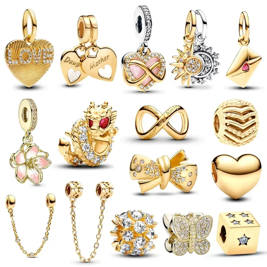 

New 2025 Gold Plated Double Heart Split，Love Letter Envelope Dangle Charm Bead Fit Original Silver 925 diy Bracelet Jewelry