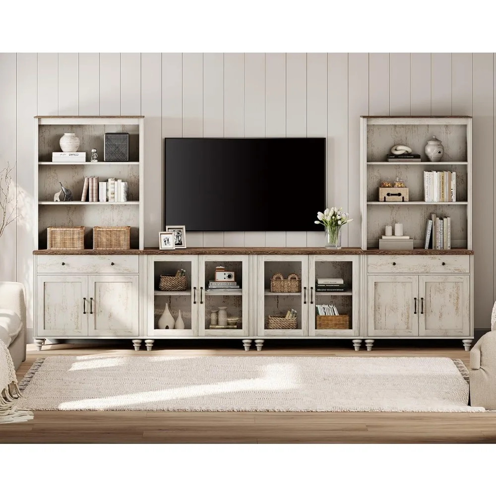 

TV Stand with Bookshelves for TVs up to 75, Farmhouse Wall Unit Entertainment Center with Doors & Drawer, Media Console Table