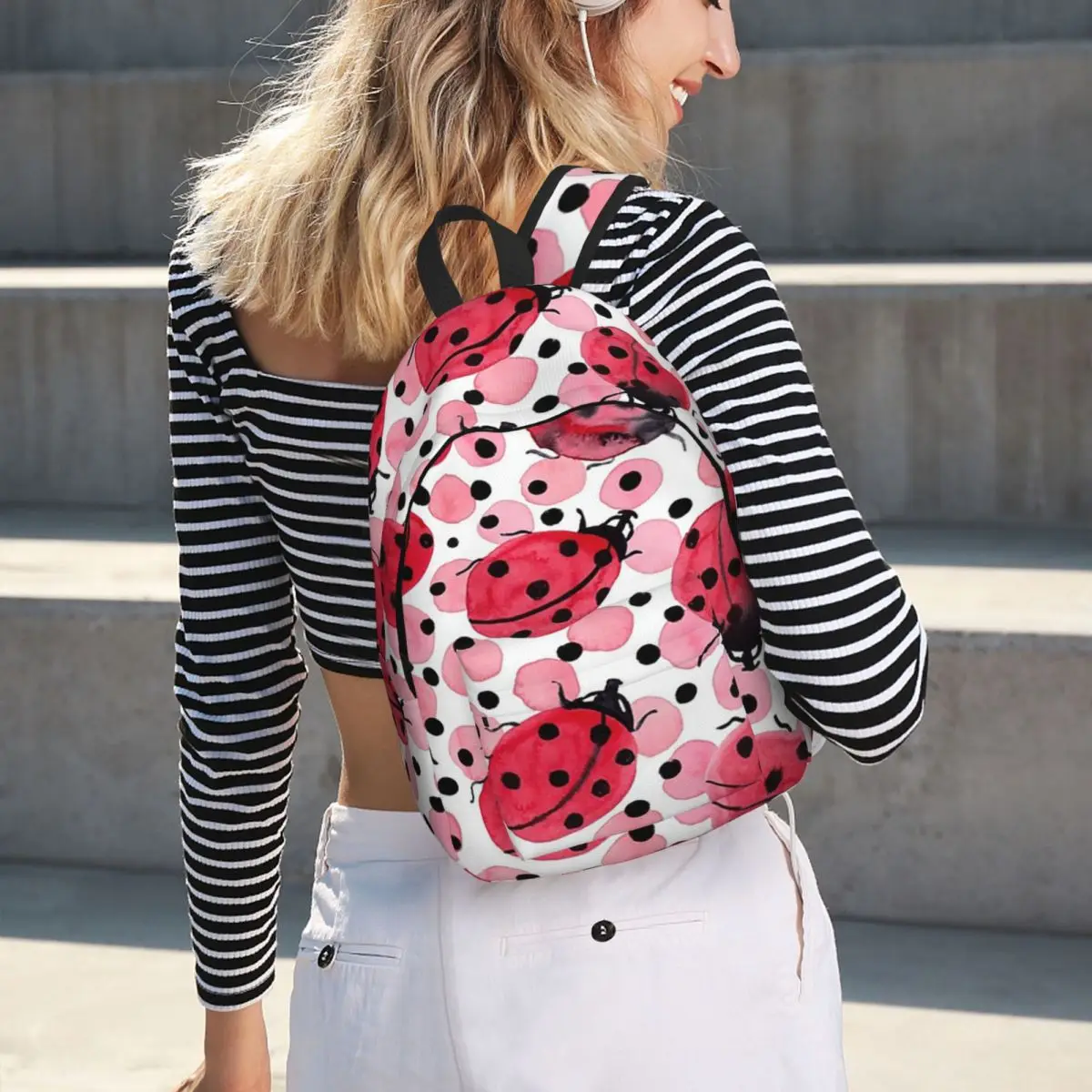 Watercolor Ladybugs On Red And Black Dots Student Backpack School Bag Hiking Travel Daypack for Men Women Bookbag Shoulder Bags