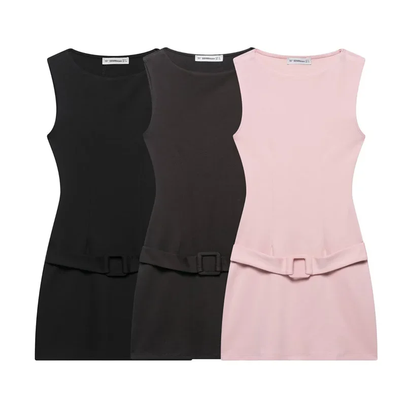 

Spring Summer New Fashion Sexy Belt Slimming Women Sleeveless Dress Simple Solid Color Female Vestidos