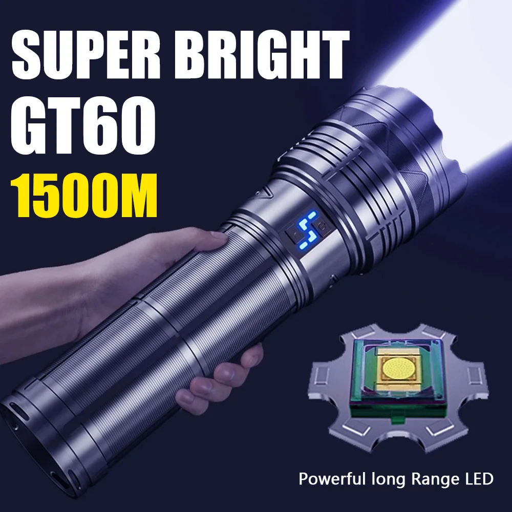 GT60 High Power Led Flashlight Super Bright Long Range Type-c Rechargeable Zoom Tactical Torch Outdoor Hand Lamp Camping Lantern