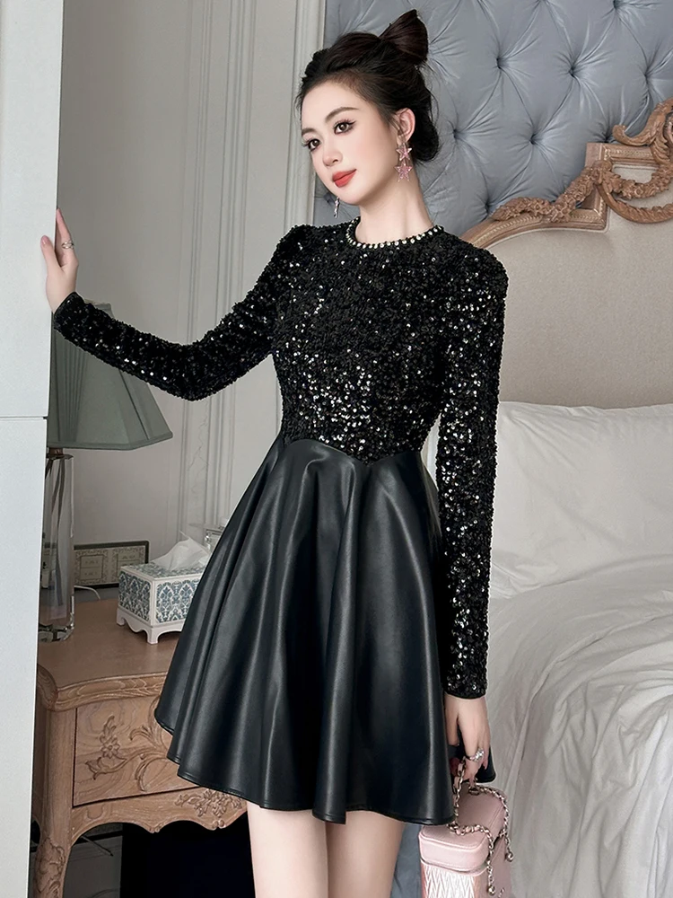 Abiti da donna Moda Dolce Abito da ballo Donna Elegante Lusso Nero Luminoso Paillettes PU Ecopelle Abito da ballo Party Club Abiti