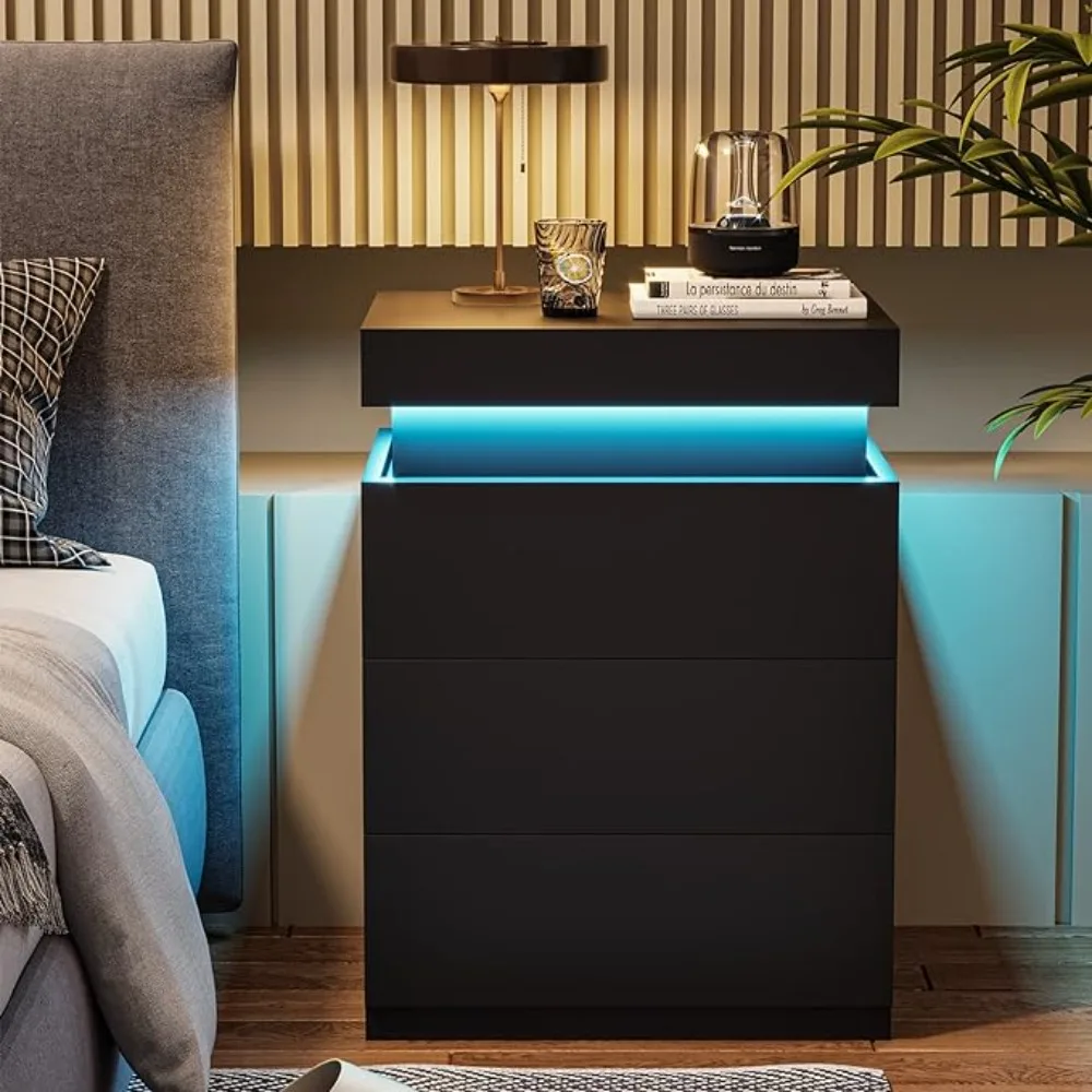 Mesita de noche LED con 3 cajones para dormitorio, luces de 16 colores y 2 puertos ca y USB, mesita de noche para dormitorio