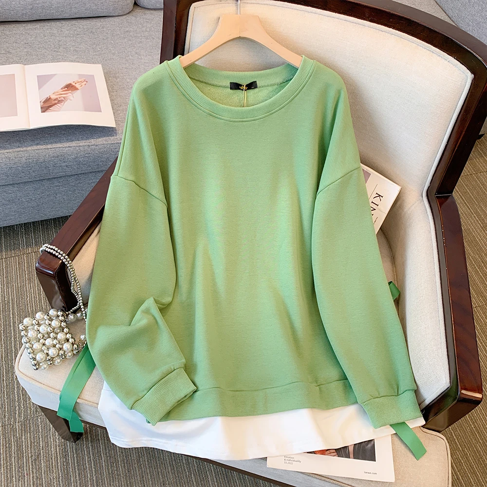 Plus size woman round neck hoodie 2024 spring autumn new comfortable fashion casual loose fake two long sleeved pullover Tops