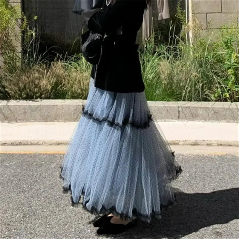 Jupe bouffante en maille féerique pour femmes, Patchwork, bleu haut, à pois, ligne A, légère, élégante, mode dames, nouvelle collection 2025