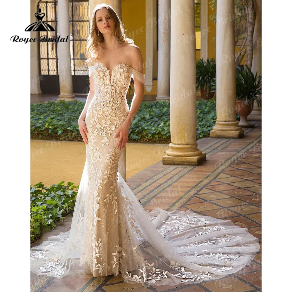 Roycebridal-vestido de novia de sirena con hombros descubiertos, con Apliques de encaje, escote Corazón, Sexy, corte sirena, Espalda descubierta, 2023