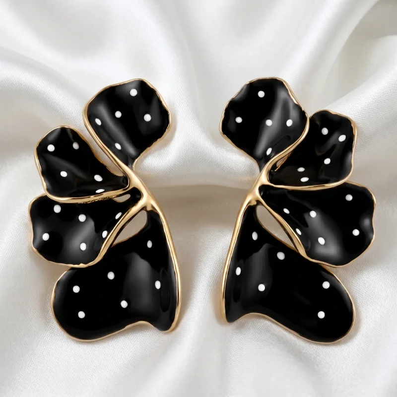 Chic Orange/White/Black/Red Polka Dot Floral Stud Earrings Gold Color Enamel Layered Earrings For Women Office & Casual Wear