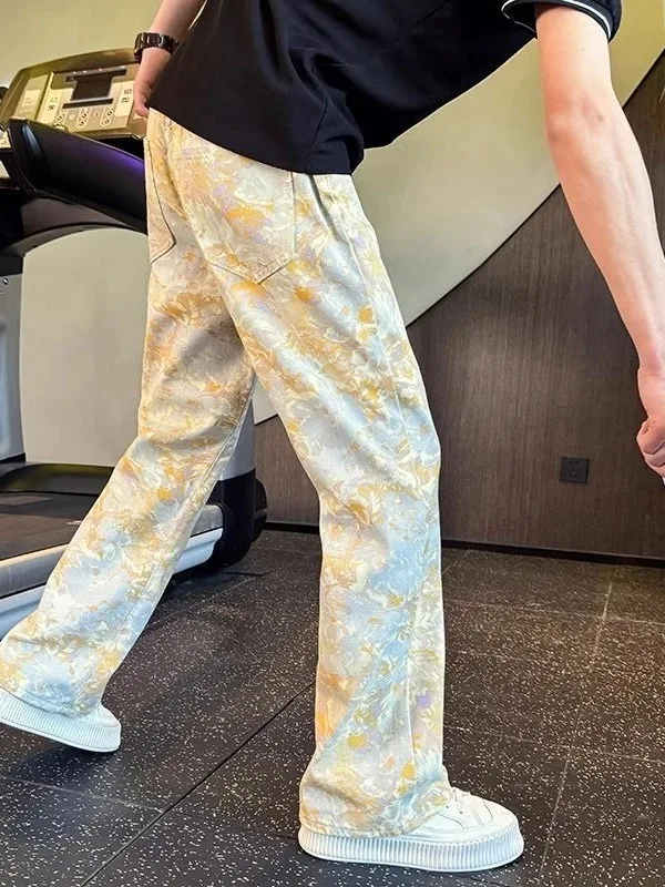 

Loose Casual Men's Jeans High Street Style mid Waist Denim Pants Straight Leg Long Trousers Trendy Bell Bottoms Breathable Wear