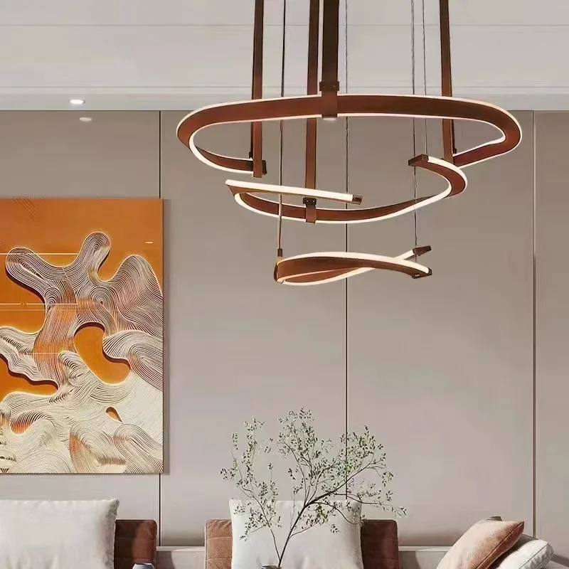 SANDYHA Modern LED Pendant Light Leather Ring Chandelier for Living Room Dining Bedroom Postmodern Simple Design