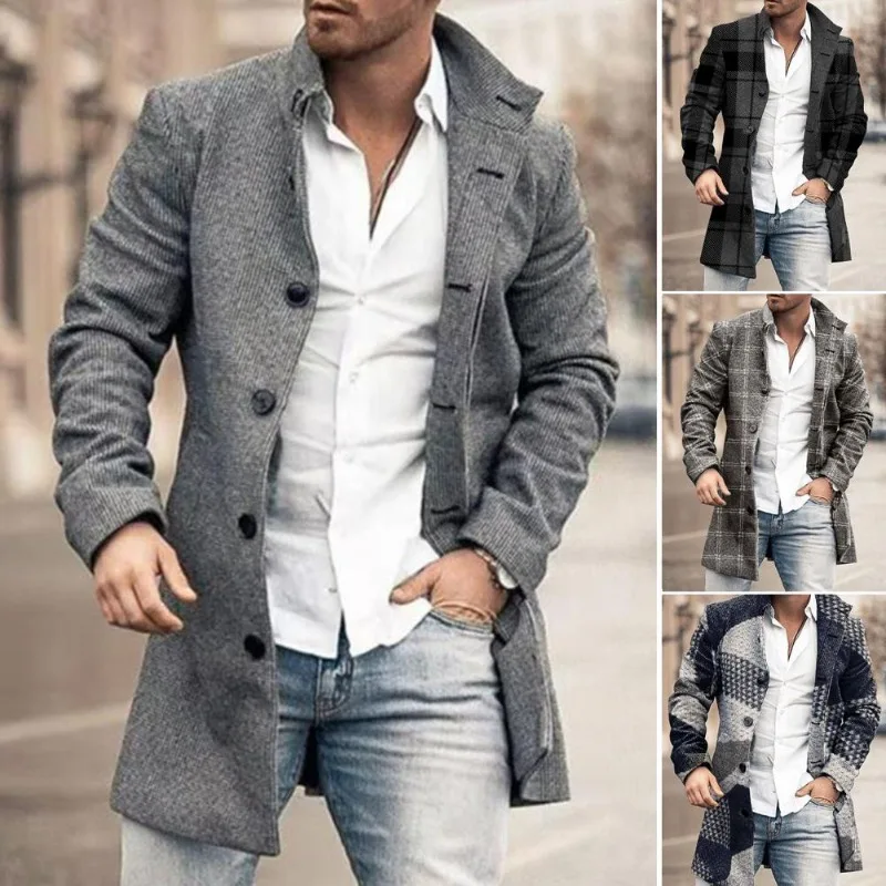 2024 nuove giacche lunghe da uomo primavera autunno manica lunga bottone capispalla Casual uomo soprabito Plaid collo rovesciato monopetto