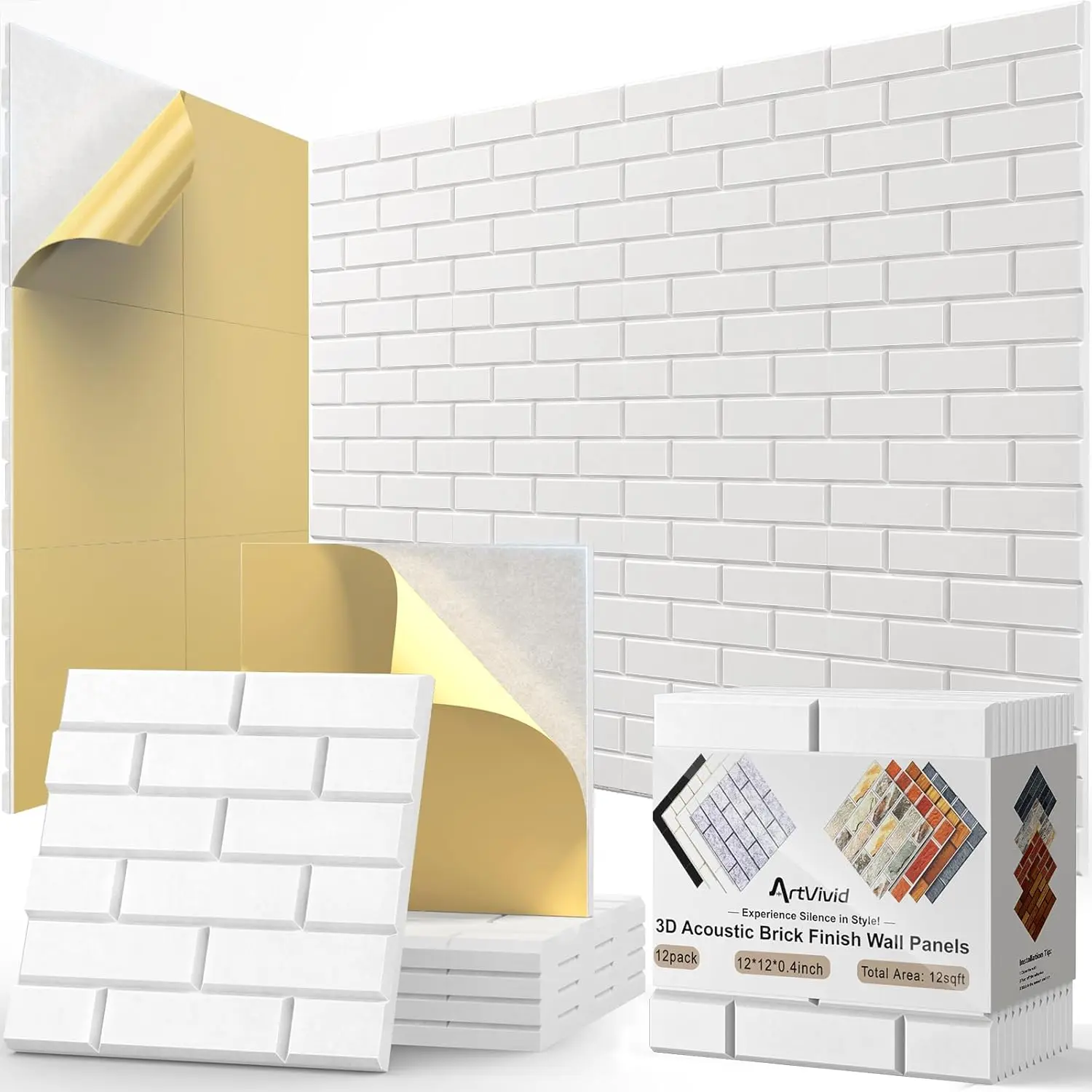 

12 Pack Self-Adhesive 3D Brick Acoustic Panels, Sound Proofing for Walls in Recording Studios, Office, Home, White
