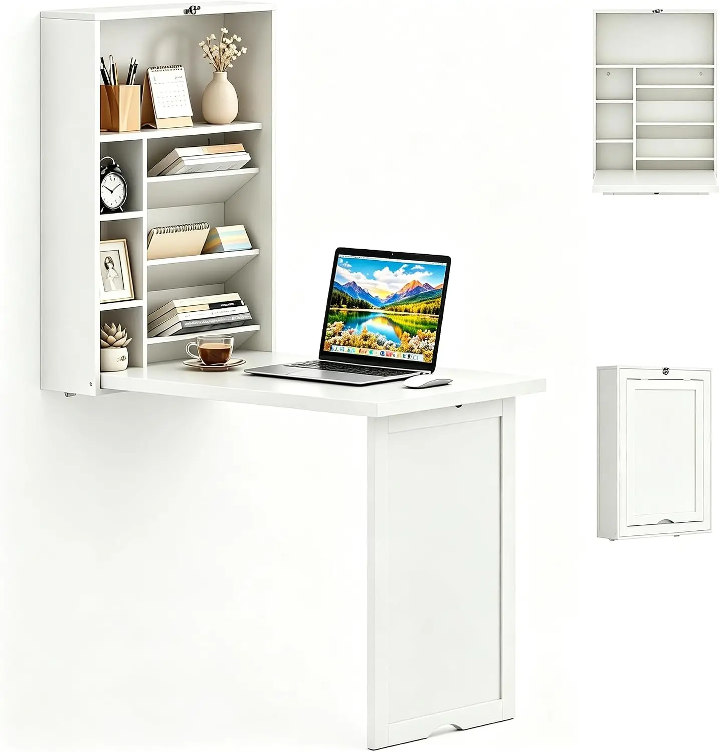 Folding Wall Mounted Desk With Drop Leaf, Convertible Floating Computer Table, Home Office Study Workstation, Hanging Organizer Shelf With Storage Compartments, Modern Style, White