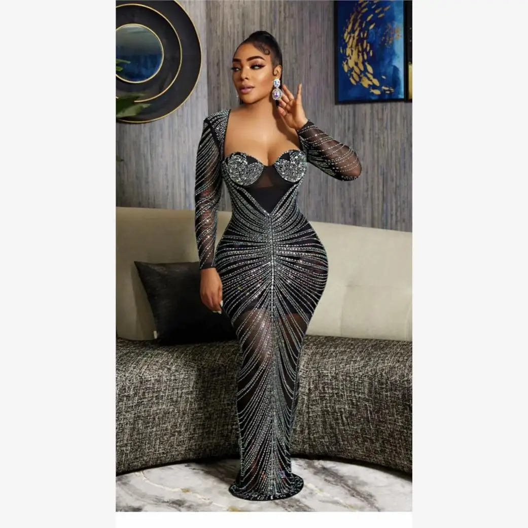 

2023 Summer High-End Women's Long Dr Rhinestone Embellied Long Sve Sexy Evening Gown Par Performance Dance Host