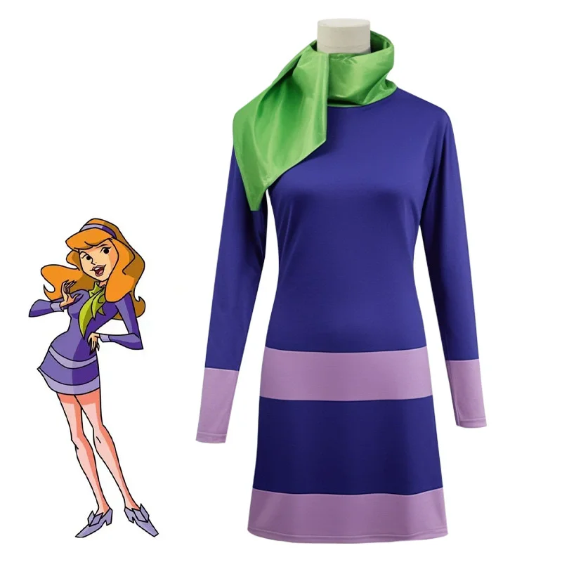 Daphne Costume Adult Women Halloween Costume Dresses Cosplay Outfits Long Sleeve Bodycon Purple Dress with Scarf Wig