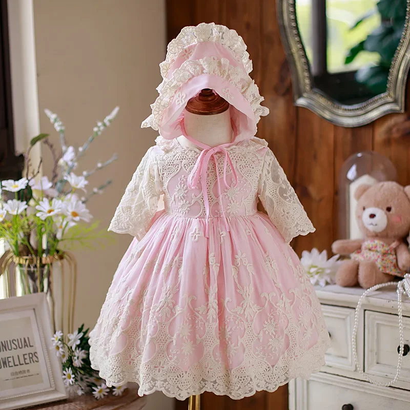 Girls\' Dresses 2023 Flower Girl Lace Dress For Kids 2 Pcs Hat Children Princess 1st Birthday Infant Elegant Ball Gowns Vestido