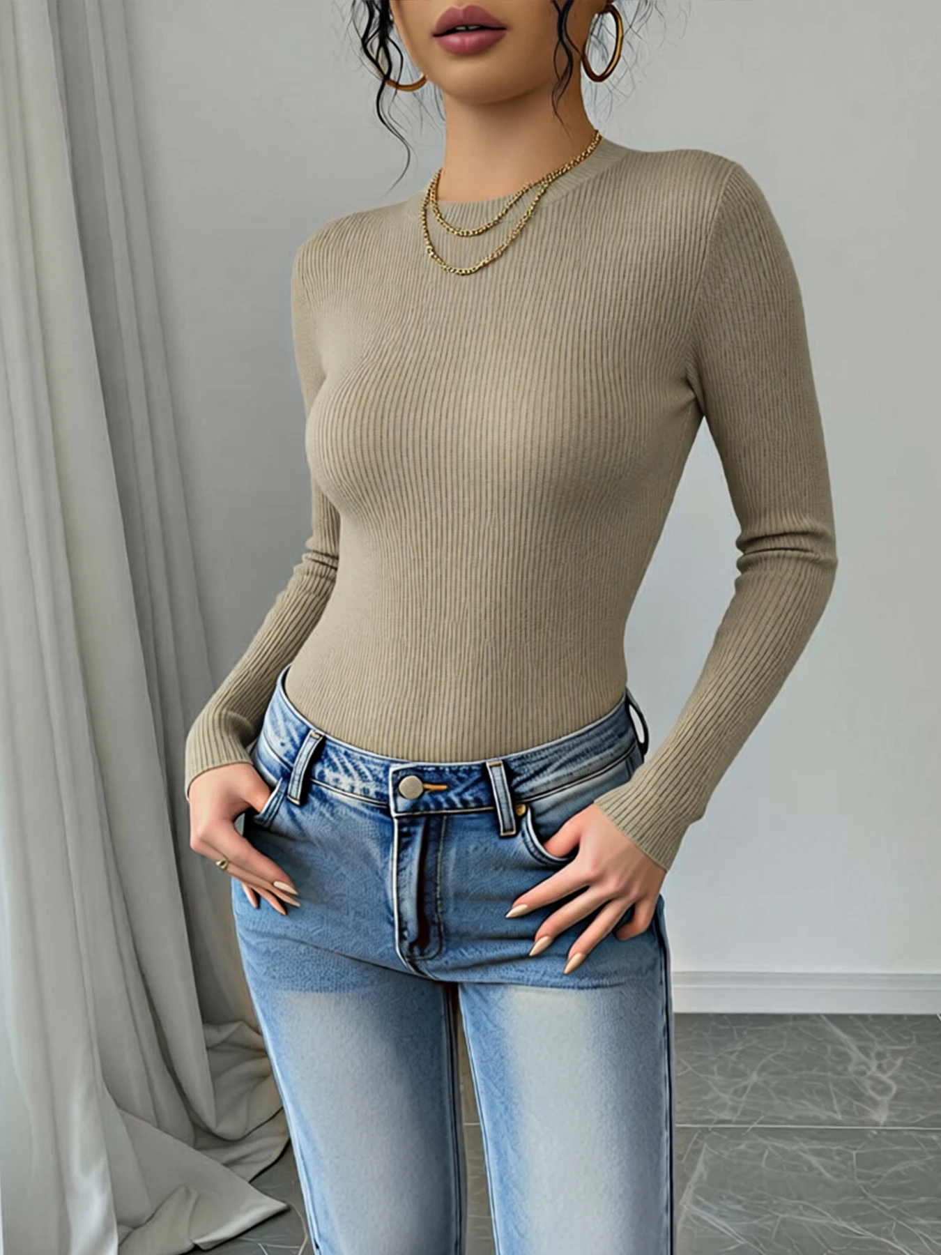 Autumn Women's Simple Round Neck Ribbed Knitted Long Sleeved Top, Slim Fit Basic Elastic Pullover, Casual Daily Shirt