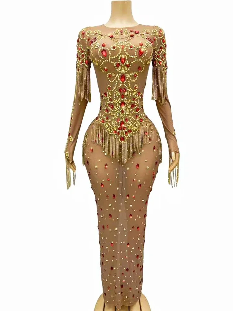 Women Party Wear See Through Elastic Mesh Photo Shoot Show Wear Stage Performan Costume Shining Crystal Evening Long Dress