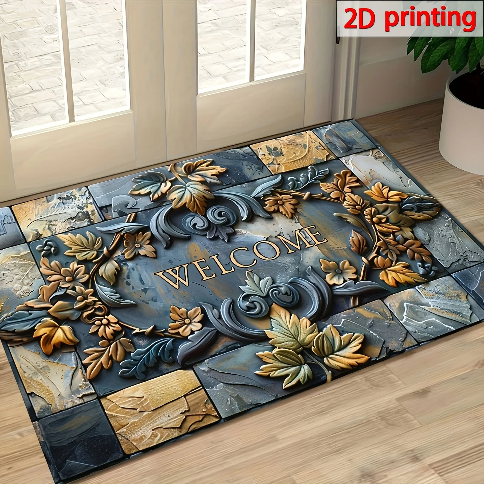 Floral Stone Welcome Rug Velvet Flannel Printed Floor Mat Vintage Tile Design Decorative Carpet Entryway Home Decor