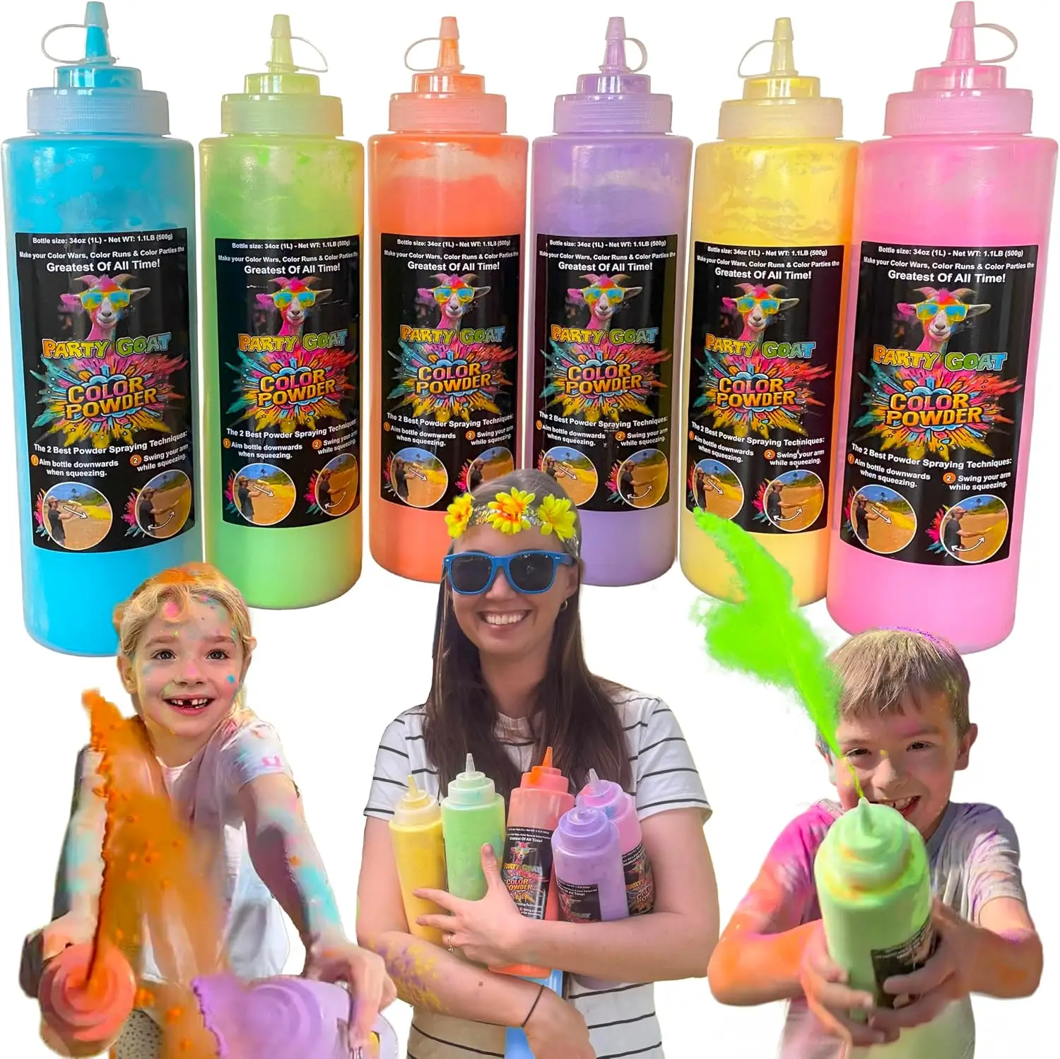Color Run Powder Squeeze Bottles for Color War XL 34oz, Holi Powder, 6 Pack